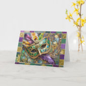 マルディグラスグリーンと金ゴールド羽カラフルマスク カード (黄色い花)