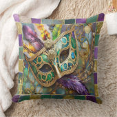 マルディグラスグリーンと金ゴールド羽カラフルマスク クッション (ブランケット)