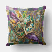 マルディグラスグリーンと金ゴールド羽カラフルマスク クッション (裏面)