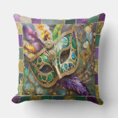 マルディグラスグリーンと金ゴールド羽カラフルマスク クッション (正面)