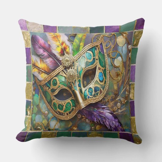 マルディグラスグリーンと金ゴールド羽カラフルマスク クッション (正面)
