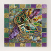 マルディグラスグリーンと金ゴールド羽カラフルマスク ジグソーパズル (横)