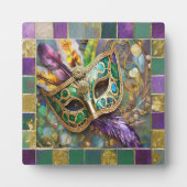マルディグラスグリーンと金ゴールド羽カラフルマスク フォトプラーク (正面)