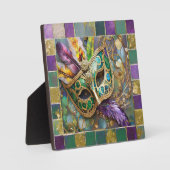 マルディグラスグリーンと金ゴールド羽カラフルマスク フォトプラーク (正面)