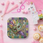 マルディグラスグリーンと金ゴールド羽カラフルマスク ペーパープレート (パーティー)