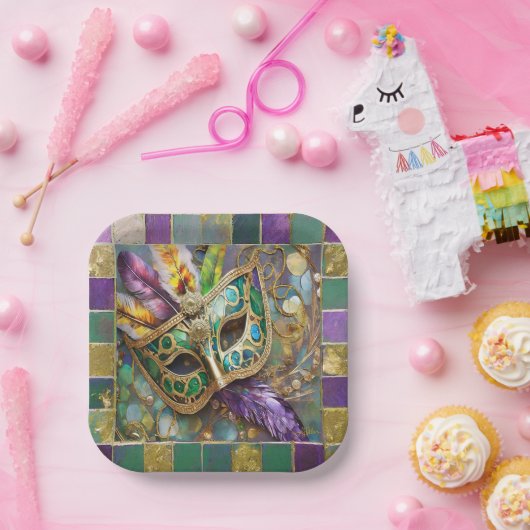 マルディグラスグリーンと金ゴールド羽カラフルマスク ペーパープレート (パーティー)