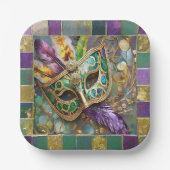 マルディグラスグリーンと金ゴールド羽カラフルマスク ペーパープレート (正面)