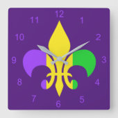 マルディグラスグリーンイエローパープルフルーアデリス スクエア壁時計 (正面)