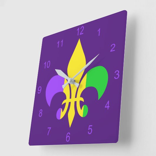 マルディグラスグリーンイエローパープルフルーアデリス スクエア壁時計 (傾斜)