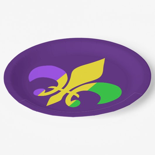 マルディグラスグリーンイエローパープルフルーアデリス ペーパープレート (アングル)