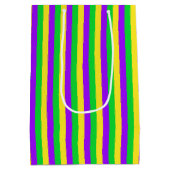 マルディグラスグリーン、黄、紫ストライプの ミディアムペーパーバッグ (裏面)