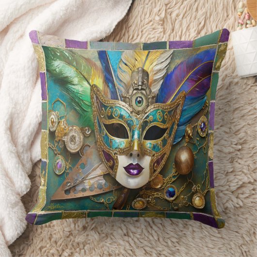 マルディグラスサードアイセラミック金ゴールドフェザーマスク クッション (ブランケット)