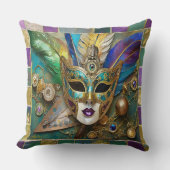マルディグラスサードアイセラミック金ゴールドフェザーマスク クッション (正面)