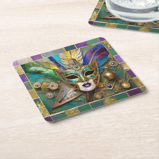 マルディグラスサードアイセラミック金ゴールドフェザーマスク スクエアペーパーコースター (アングル)
