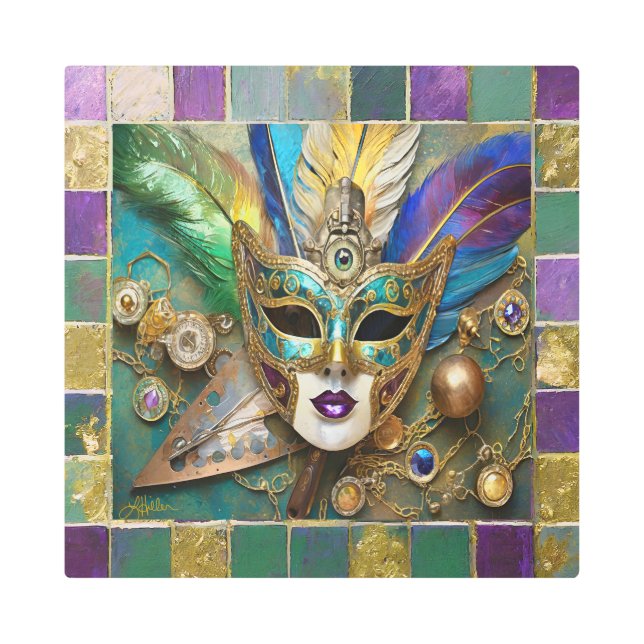 マルディグラスサードアイセラミック金ゴールドフェザーマスク メタルプリント (正面)