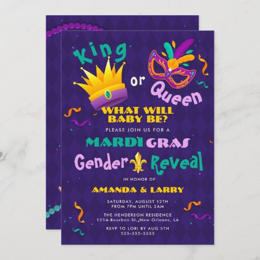 マルディグラスジェンダーの発表 招待状 (正面/裏面)