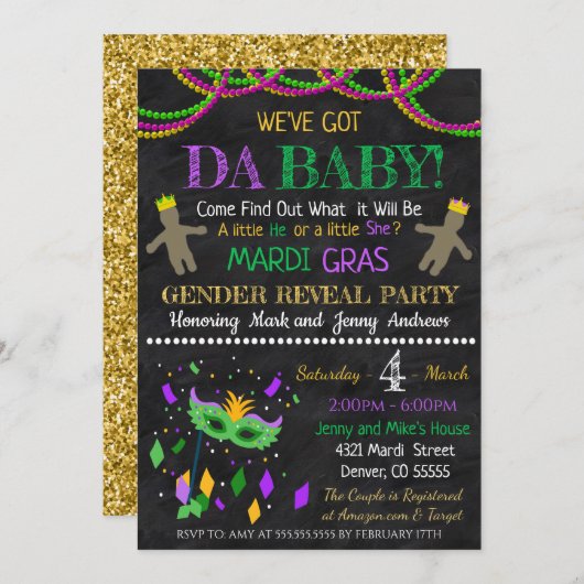 マルディグラスジェンダーリビールパーティの招待状 招待状 (正面/裏面)