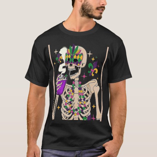 マルディグラススケルトンと笑顔のスカル飲み会 Tシャツ (正面)