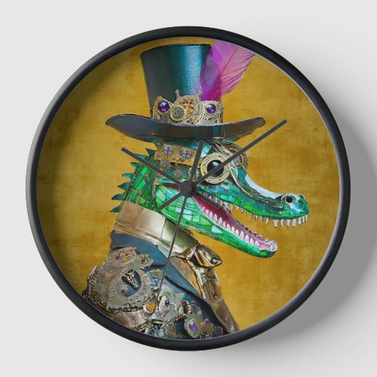 マルディグラススチームパンクパーティーアニマルアリゲーター 壁時計 (正面)