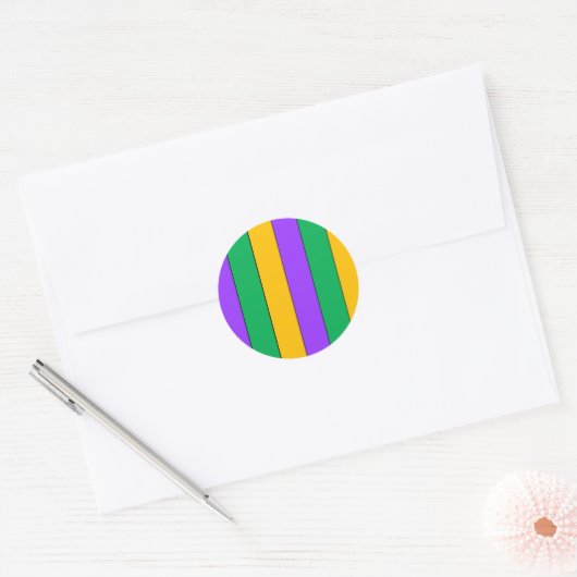 マルディグラストライプスのパターンパープルグリーンイエロー ラウンドシール (封筒)