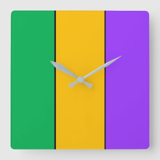 マルディグラストライプスパターングリーンイエローパープル スクエア壁時計 (正面)
