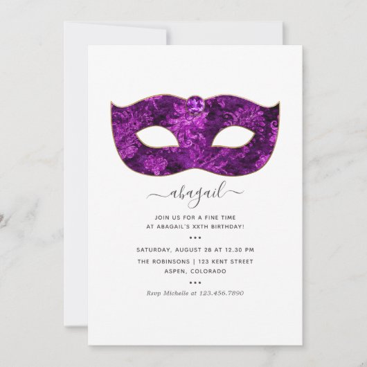 マルディグラストロピカルパープルジェムストーン誕生日パーティー 招待状 (正面)