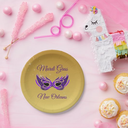 マルディグラスニューオーリンズマスクオン金ゴールド ペーパープレート (パーティー)