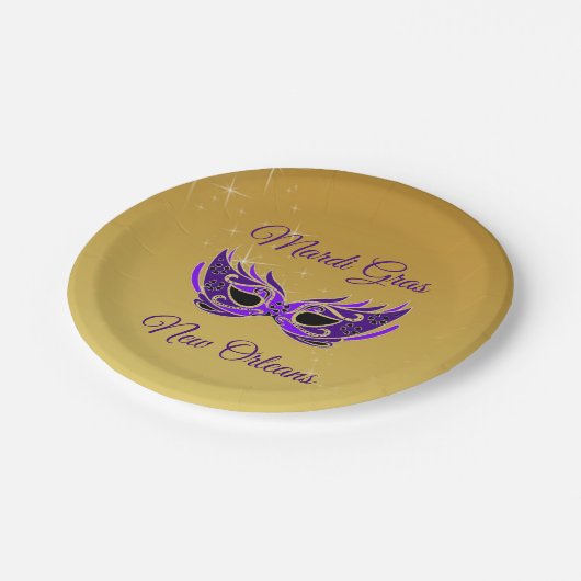 マルディグラスニューオーリンズマスクオン金ゴールド ペーパープレート (アングル)