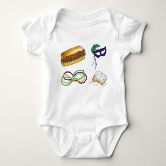マルディグラスノーラニューオーリンズマスクビーズビーグネット ベビーボディスーツ (正面)