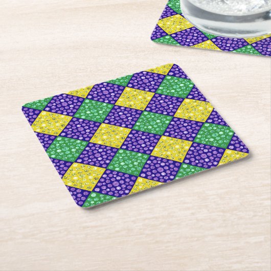 マルディグラスハーレクインダイヤモンドカーニバルパターン スクエアペーパーコースター (アングル)