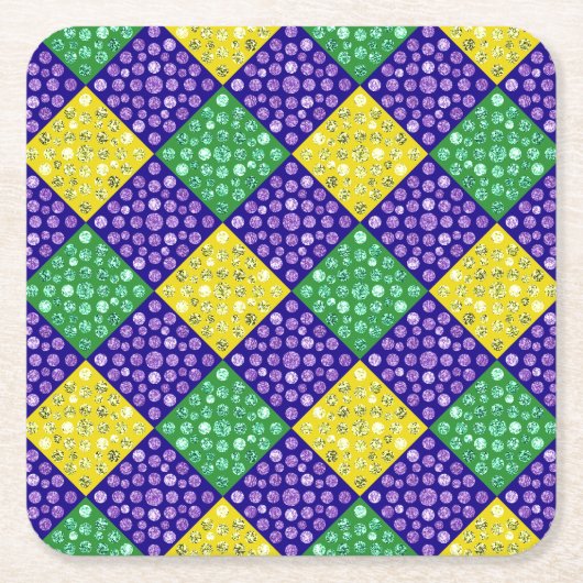 マルディグラスハーレクインダイヤモンドカーニバルパターン スクエアペーパーコースター (正面)