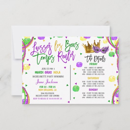 マルディグラスバチェロレッテ週末パーティの招待状 招待状 (正面)