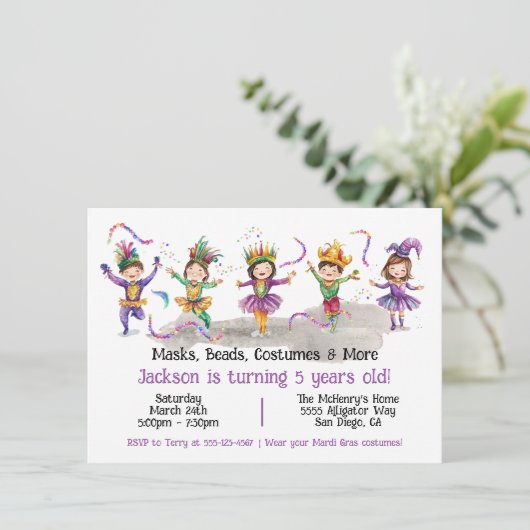 マルディグラスバースデーパーティースコスチュームキッズ招待状 招待状 (スタンド正面)