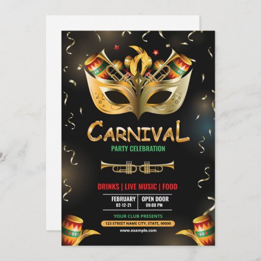 マルディグラスパーティの招待状 招待状 (正面/裏面)