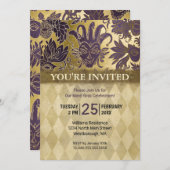 マルディグラスパーティーパープルフェイク金ゴールドマスクハレキン 招待状 (正面/裏面)