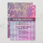 マルディグラスパーティーパープル金ゴールドマスクシルバーハレキン 招待状 (正面/裏面)