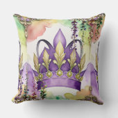 マルディグラスパープルクラウングリーン&金ゴールド水彩 クッション (正面)