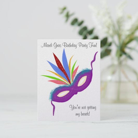 マルディグラスパープルマスクバースデーパーティーおもしろい 招待状 (スタンド正面)