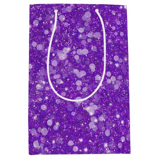 マルディグラスパープル無地のカラーフェイクグリッターきらきら光る ミディアムペーパーバッグ (正面)