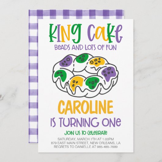 マルディグラスファースト誕生日招待状 招待状 (正面/裏面)