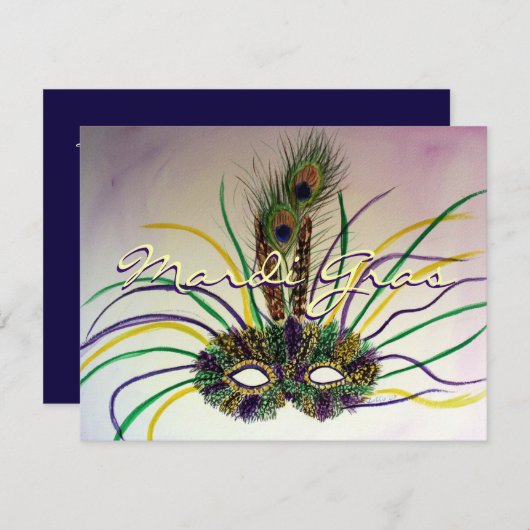 マルディグラスフェザーマスクカスタム招待状 招待状 (正面/裏面)