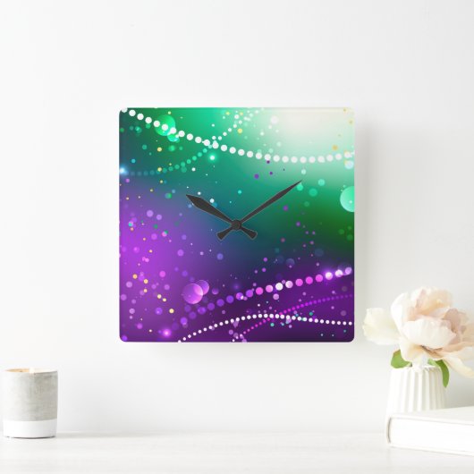 マルディグラスフェスティバルパープルバックグラウンド スクエア壁時計 (ホーム)