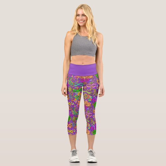 マルディグラスブライトパープルピンクの仮装マスク カプリレギンス (正面)