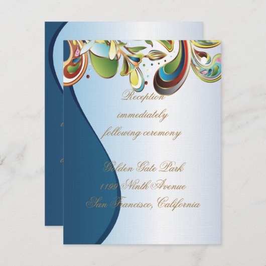 マルディグラスブルーウェディングレセプションカード エンクロージャーカード (正面/裏面)