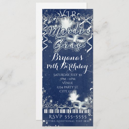 マルディグラスブルー&ホワイトVIPバースデーパーティーチケット 招待状 (正面/裏面)