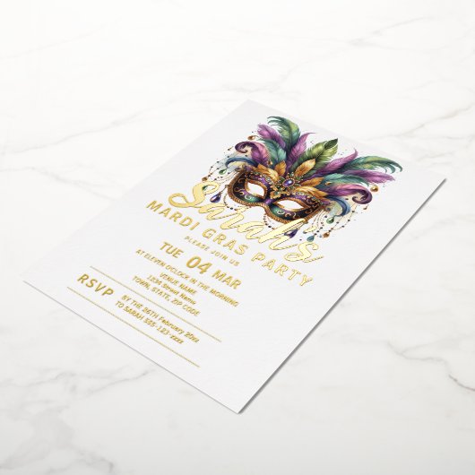 マルディグラスホリデーパーティー 箔招待状 (回転した状態)