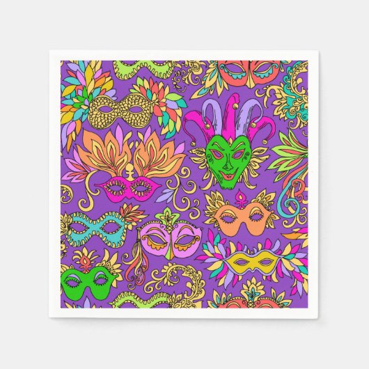 マルディグラスマケレーマスクブライトパープルグリーン スタンダードカクテルナプキン (正面)