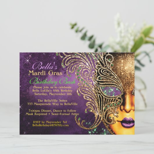 マルディグラスマスカレードバースデーパーティ招待状 招待状 (スタンド正面)