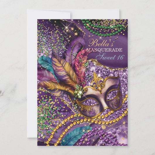 マルディグラスマスカレードバースデーパーティ招待状 招待状 (正面)