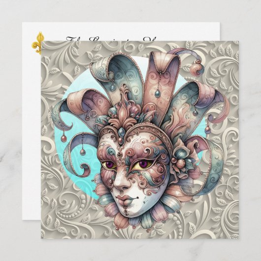 マルディグラスマスカレードパーティの招待状 招待状 (正面/裏面)